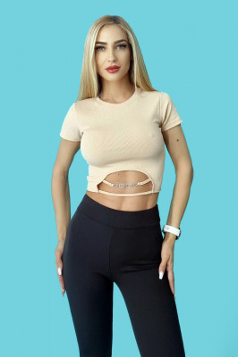 Tricou dama scurt Izabella, cu decupaj in zona taliei, Crem1