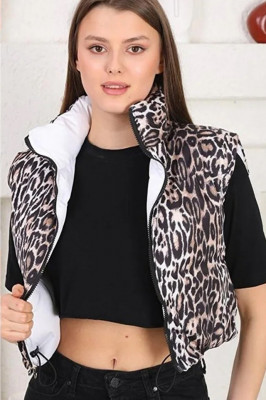 Vesta scurta de fas Yang, cu doua fete si fermoar, Alb/Leopard1