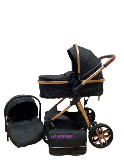 Carucior bebe 3 in 1, cu landou reversibil, suspensii pe roata si pe cadru, T9, negru