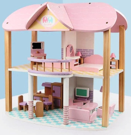 Casuta pentru papusi, din lemn, cu 4 seturi de mobilier,