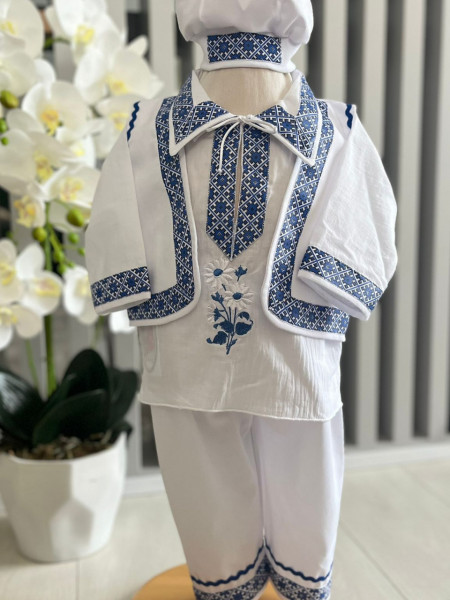 Costum traditional baieti, 0-12 luni, 4 piese, insertii albastre, en gros