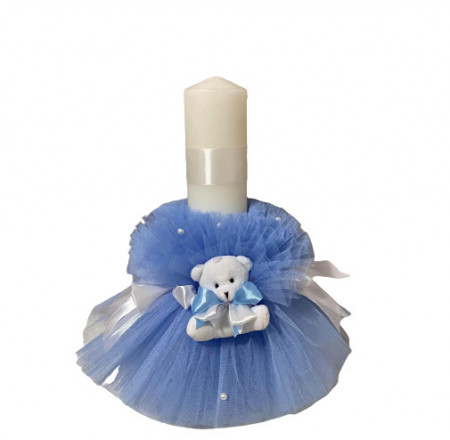 Lumanare de botez cu tulle albastru si ursulet