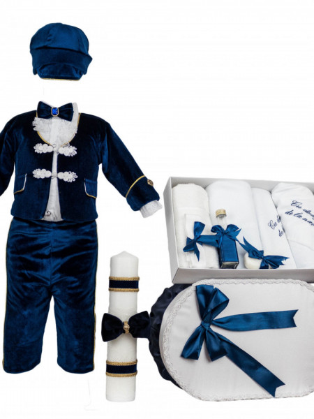 Set complet pentru botez Napoleon bleumarin, costum, trusou, cufar,lumanare