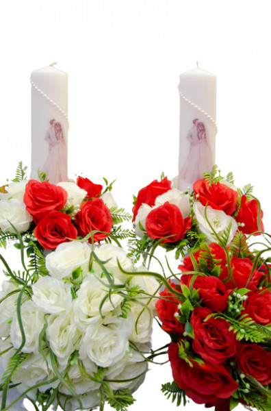 Set de lumanari si buchete pentru nunta, Trandafiri albi si rosii
