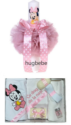 Set lumanare cu tull si trusou de botez , ornat cu Minnie, roz