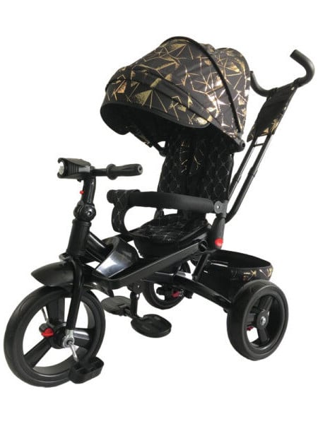 Tricicleta copii, cu scaun rotativ, pozitie de somn si roti cauciuc, max 25 kg, 9luni-5 ani, 5099 nou, negru auriu