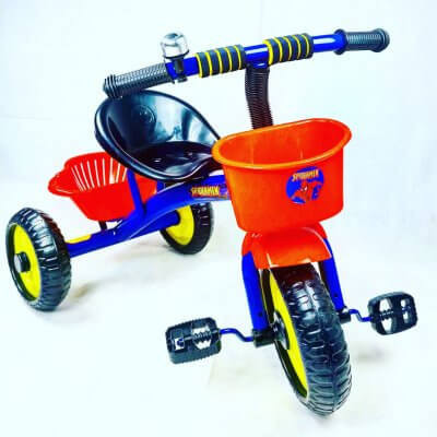 Tricicleta cu pedale, aliaj metalic, 2 cosuri, ghidon ajustabil,spiderman albastru,3-5 ani