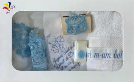 Trusou Botez cu Panza Brodată "Îngeraș și Versuri", 7 piese, bleu
