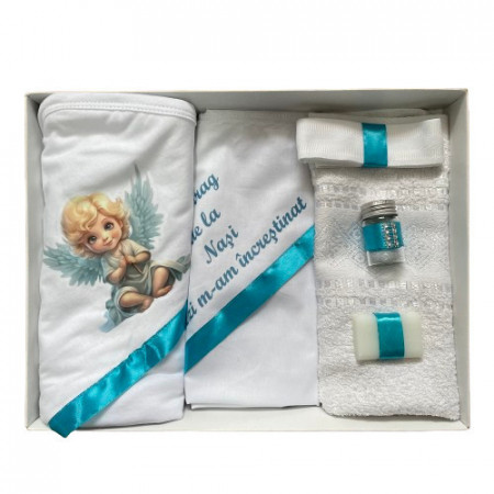 Trusou de botez, 6 piese Baby Ingeras imprimat, turquaz