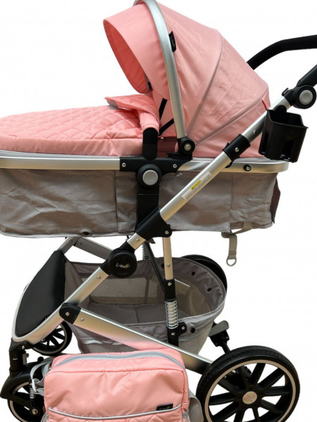 Carucior 2 in1, pentru bebelusi, cu landou reversibil, cadru aluminiu si geanta cadou, T1, roz
