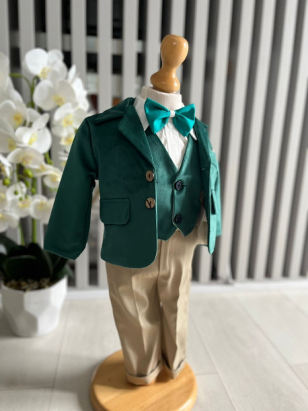 Costum elegant baieti, pentru botez, cu sacou catifea, verde, 0-9 luni, en gros