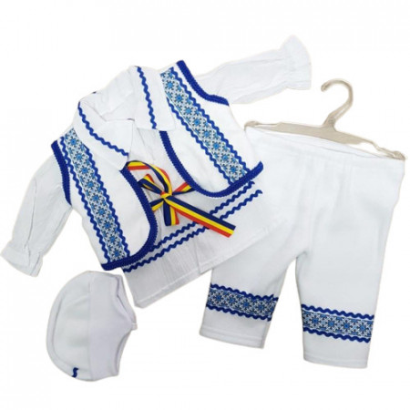 Costum traditional bebe, baieti, 0-12 luni, insertii nationale albastre