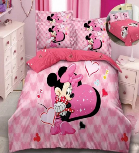 Lenjerie Pat Dublu pentru copii, din Bumbac Finet cu 2 fete, 6 Piese,Mouse and Pink Heart
