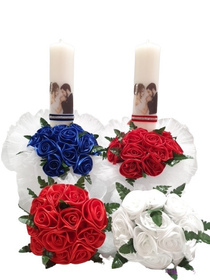 Set de lumanari si buchete pentru nunta, Trandafiri saten rosii si albastrii
