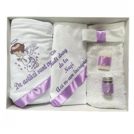 Trusou de botez, 6 piese Ingeras imprimat, lila