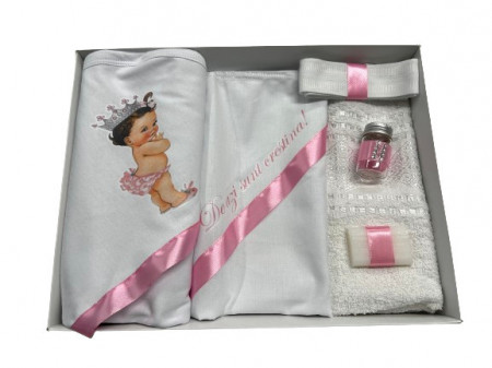 Trusou de botez, 6 piese .Printesa Bebelus. imprimat, roz pudra