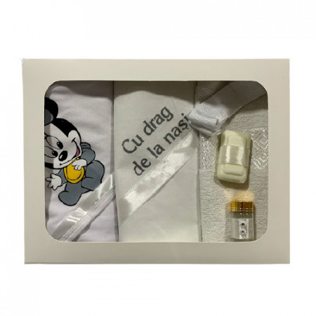 Trusou pentru botez,cu broderie,Mickey Mouse,alb-gri,6 piese