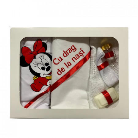 Trusou pentru botez,cu broderie,Minnie Mouse,alb-rosu,6 piese