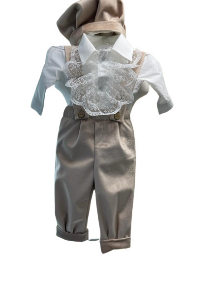 Costum elegant de botez, 3 piese, alb/crem