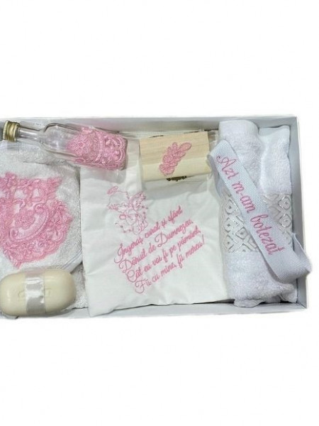 Trusou Botez cu panza brodata, 7 piese, roz, en gros