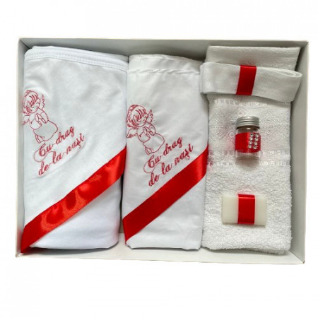Trusou de botez, 6 piese Ingeras brodat, rosu