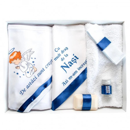 Trusou de botez, 6 piese Ingeras imprimat, cu accesorii bleumarin