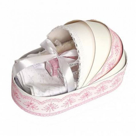 Trusou pentru botez, in cutie landou, complet pentru biserica,roz cu dantela