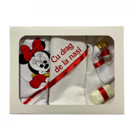 Trusou pentru botez,Minnie Mouse,alb-rosu,6 piese
