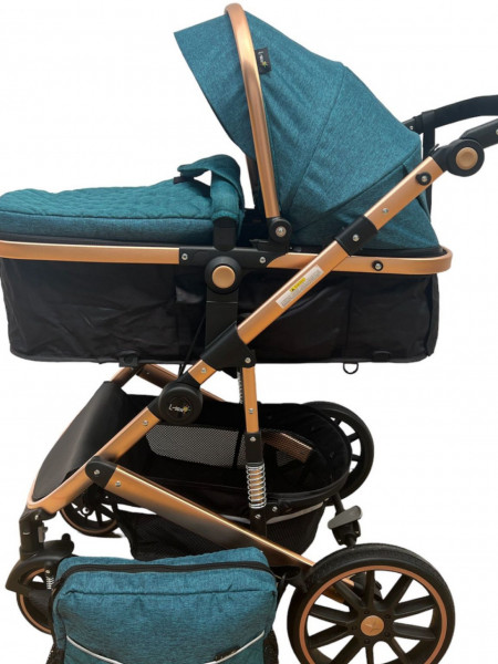 Carucior 2 in1, pentru bebelusi, cu landou reversibil, cadru aluminiu si geanta cadou, T1, verde inchis