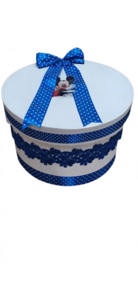 Cutie cufar rotunda pentru trusou botez, decorat cu dantela bleumarin