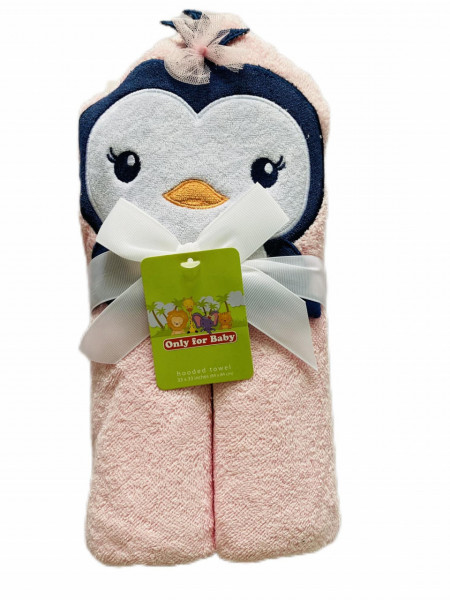 Prosop bebe cu gluga, bumbac fin si absorbant, animalut brodat pe capison, 86*86 cm, Pinguinul roz