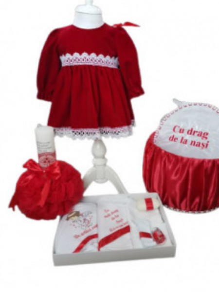 Set de botez fetita, rochie rosie catifea, trusou ingeras si cufar