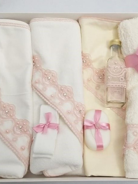Set trusou botez pentru biserica, 7 piese, perlute roz prafuit