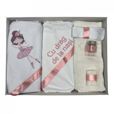 Trusou de botez, 6 piese Balerina, imprimat, roz