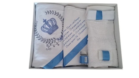 Trusou de botez, 6 piese Coronita cu lauri, imprimat, bleu, en gros