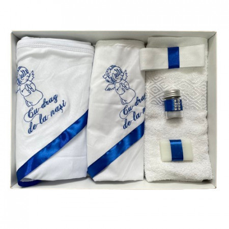 Trusou de botez, 6 piese ,Ingeras brodat, bleumarin