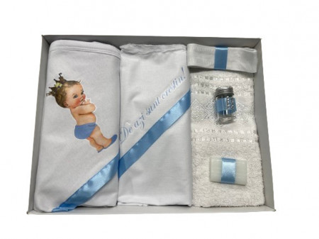 Trusou de botez, 6 piese Printul bebelus. imprimat ,bleu