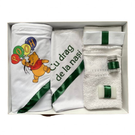 Trusou de botez, 6 piese, Winnie cu baloane, verde, imprimat, en gros