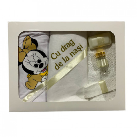 Trusou pentru botez,cu broderie,Minnie Mouse,alb-auriu,6 piese