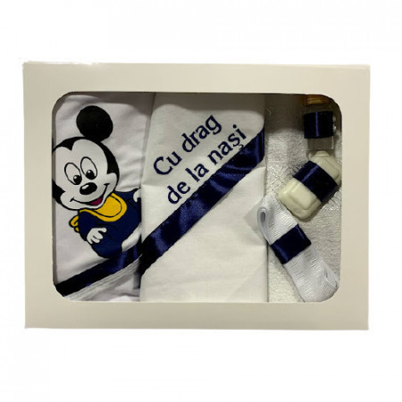 Trusou pentru botez,imprimat,Mickey Mouse,alb-bleumarin,6 piese