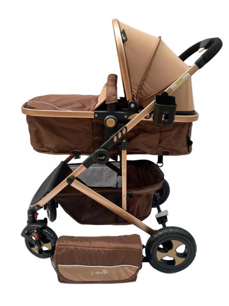Carucior 2 in 1, bebe, cu landou tranformabil si reversibil, roti cu spuma siliconata, geanta cadou, 808, crem
