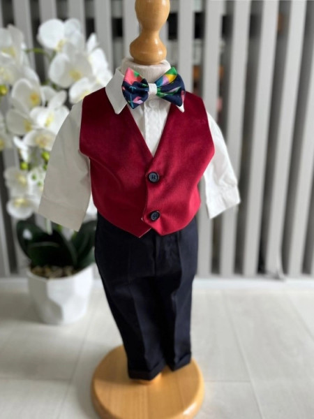 Costum elegant baieti, pentru botez, cu sacou catifea, burgundy, 0-9 luni, en gros