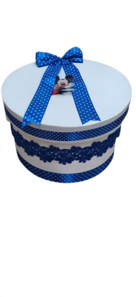 Cutie cufar rotunda pentru trusou botez, decorat cu dantela bleumarin,EN GROS