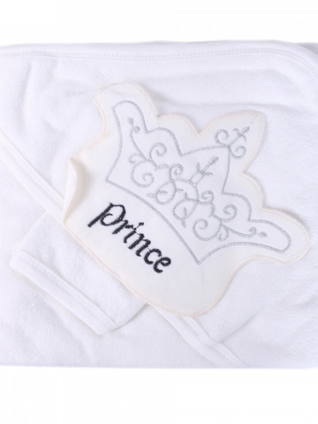 Prosop bebe, cu manusa, material bumbac, brodat Prince, alb, 96*96 cm