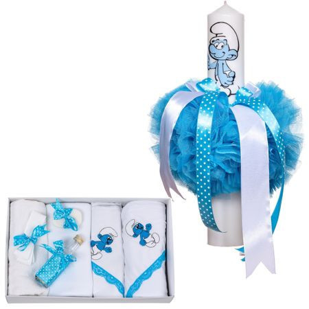 Set lumanare si trusou pentru botez Strumf bleu