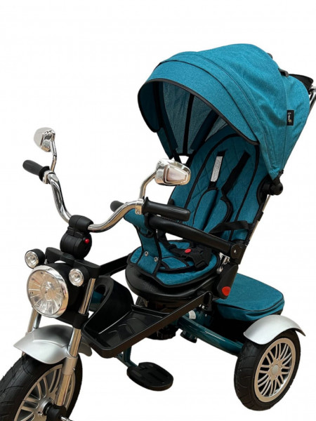 Tricicleta copii ,cu pozitie de somn, scaun rotativ, roti cauciuc, muzica si lumini, SL03,turquaz