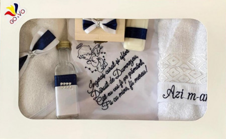 Trusou Botez cu panza brodata, 7 piese, bleumarin, papion