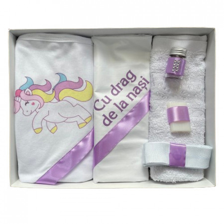 Trusou de botez, 6 piese Ponei . imprimat ,lila
