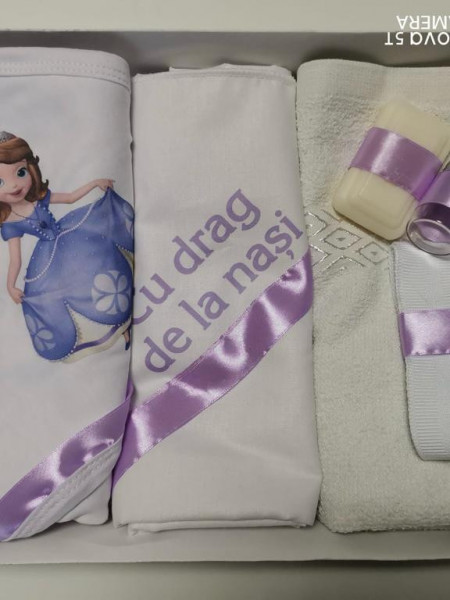 Trusou de botez, 6 piese Printesa Sofia imprimat, lila
