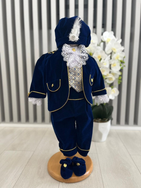 Costum de botez, catifea , albastru regal, 0-12 luni, MINI